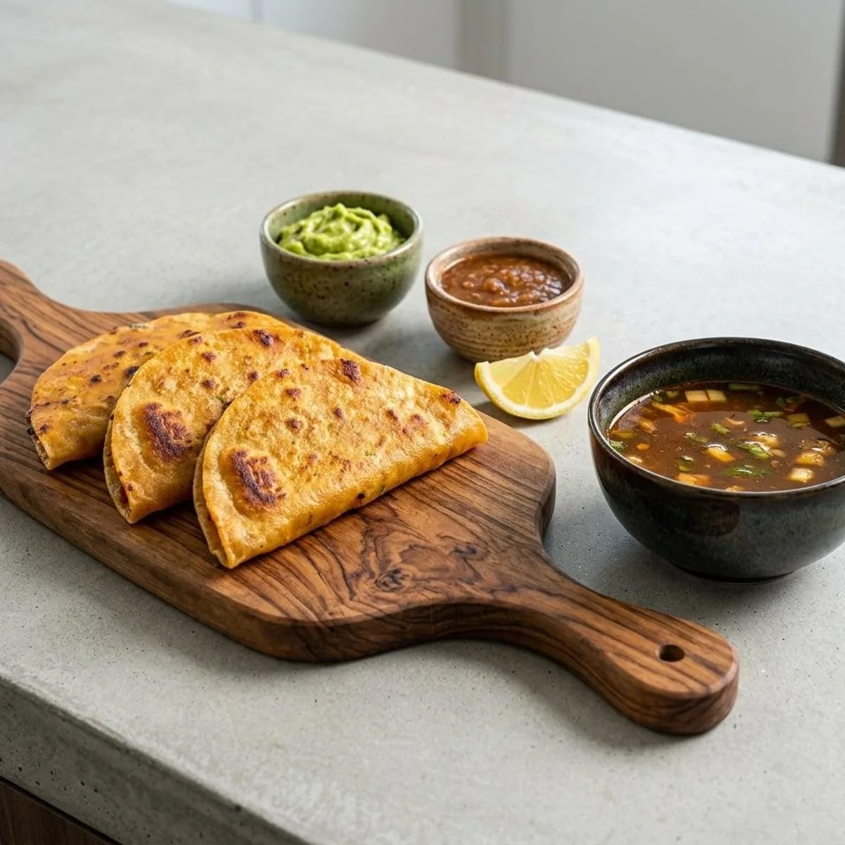 Tacos quesabirria servis avec guacamole, salsa et consommé